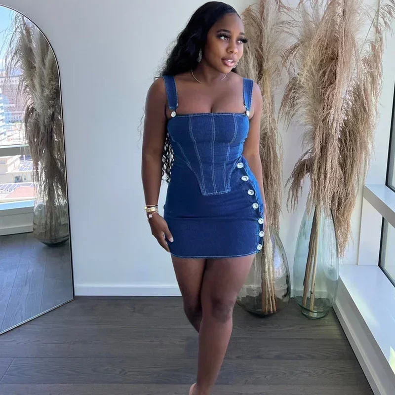 

GUWU Denim Women's Set Bodycon Mini Skirt Suit and Tank Top Street Jeans Two Piece Set Elegant Summer Outfits