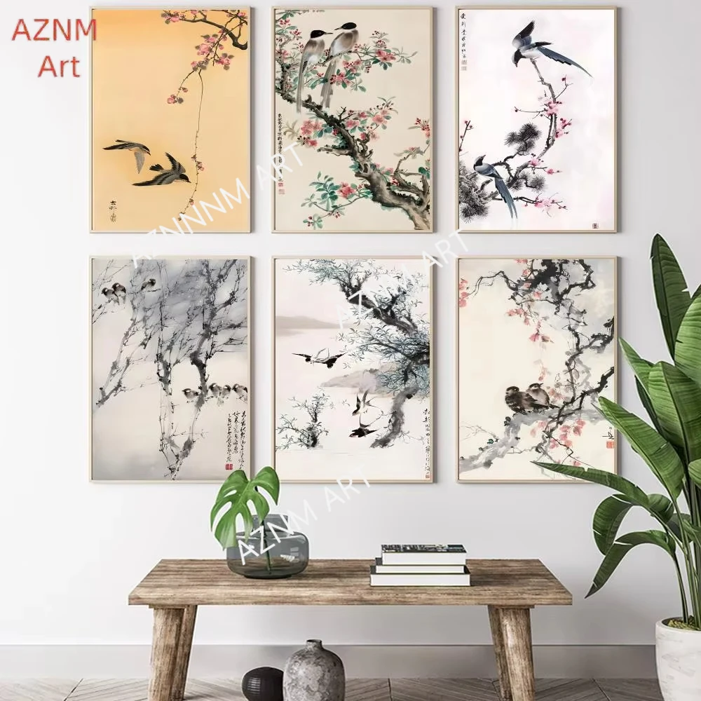 ChineseStyle Flower Green Plants Birds Painting Calligraphy HD Canvas Poster living room bedroom bar aesthetic decoration
