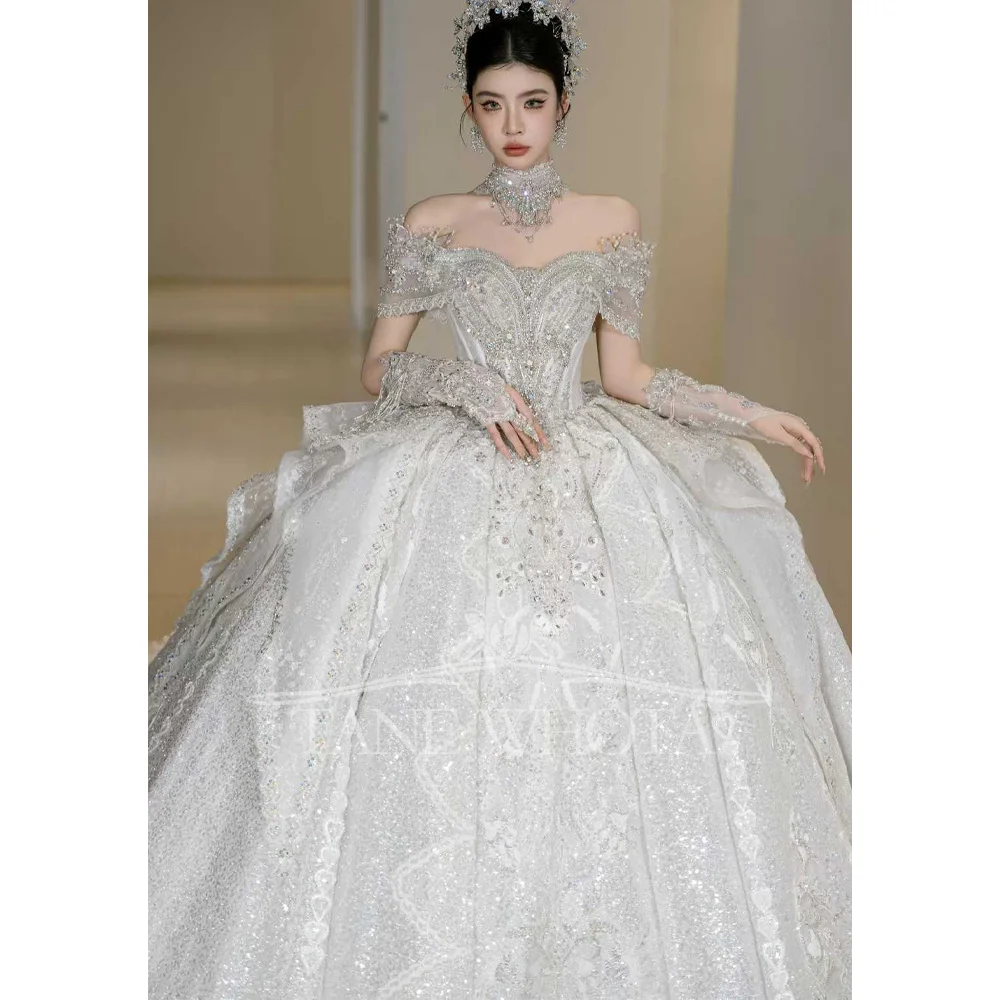 Robe de mariée personnalisable en dentelle chérie, épaules dénudées, robe de mariée à paillettes et perles