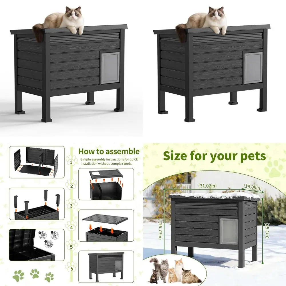 

Weatherproof Outdoor Cat House in Resin PP with Wood Grain, Gas Strut Lid, Safety Latch, and Raised Floor for Cats (Black)