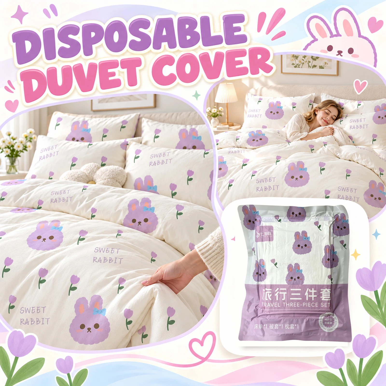 Disposable Travel Bedding 3-piece Set Cute Purple Rabbit Print Duvet Cover Sheet Pillowcase Portable Bed Cover for Travel