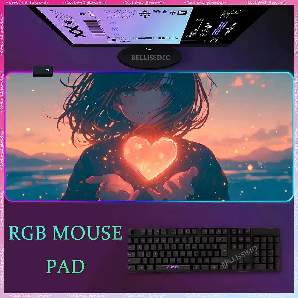 LED Light Mouse Pad RGB Keyboard Cover Desk Mat Color Surface Mouse Pads Multi-Size Anime Girl Heart Gamer Computer Keyboard Pad