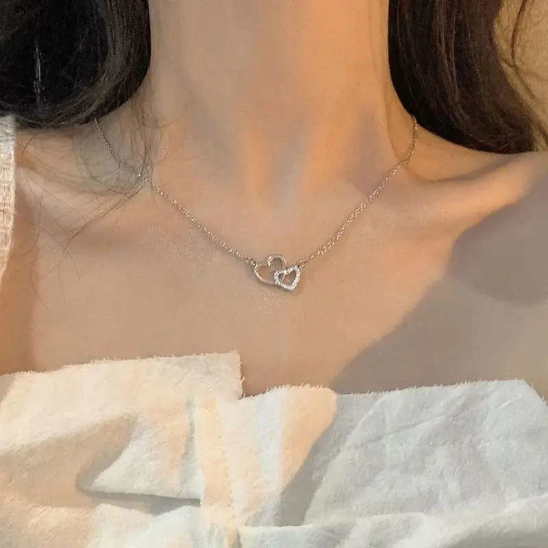 2024 Double Heart Pendant Necklace for Women Couple Choker Gold Silver Color Chain Wedding Party Friends Jewelry Gifts Wholesale