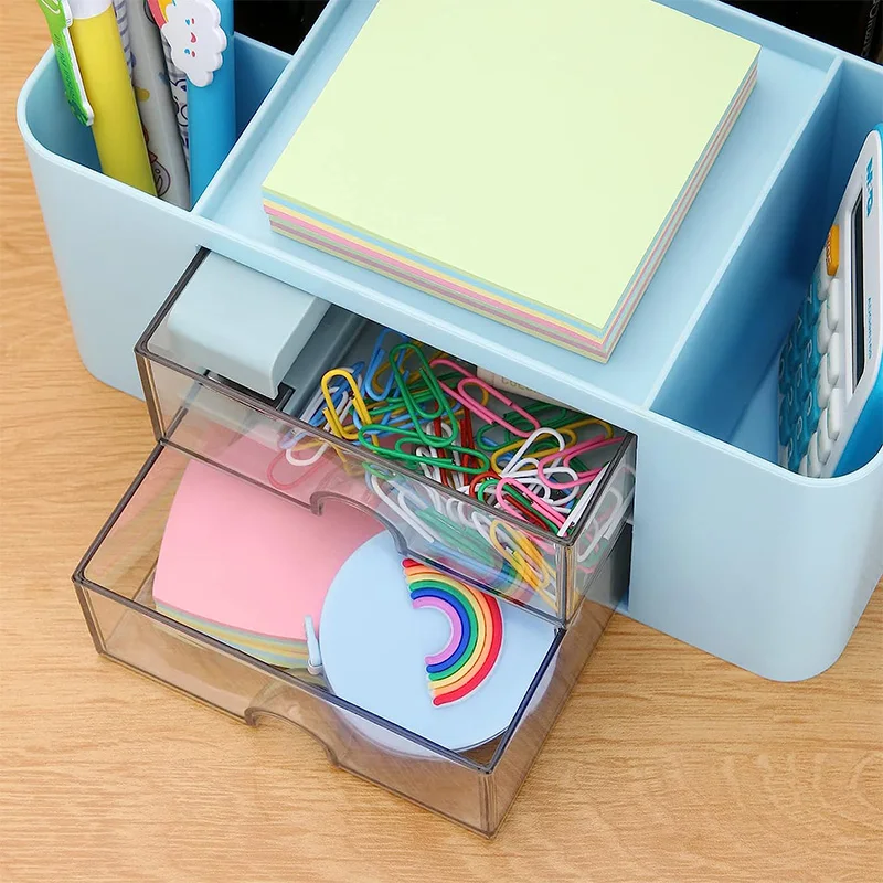 Desk Organizer With 2 Drawer, Plastic Desktop Pen Pencil Card Holder Storage Box For Desk Office Supplies Vanity Table Office