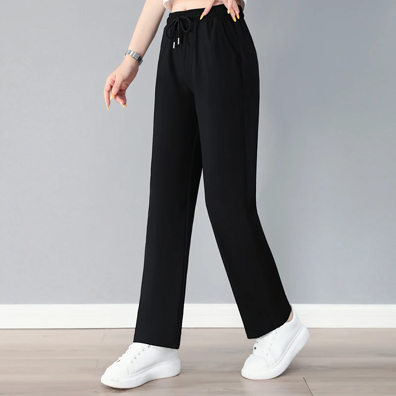 Hoch taillierte, schlankmachende Jogginghose mit geradem Bein für Damen, Eisseide, lässige Sporthose, vielseitige, lockere Passform im Schrittstil