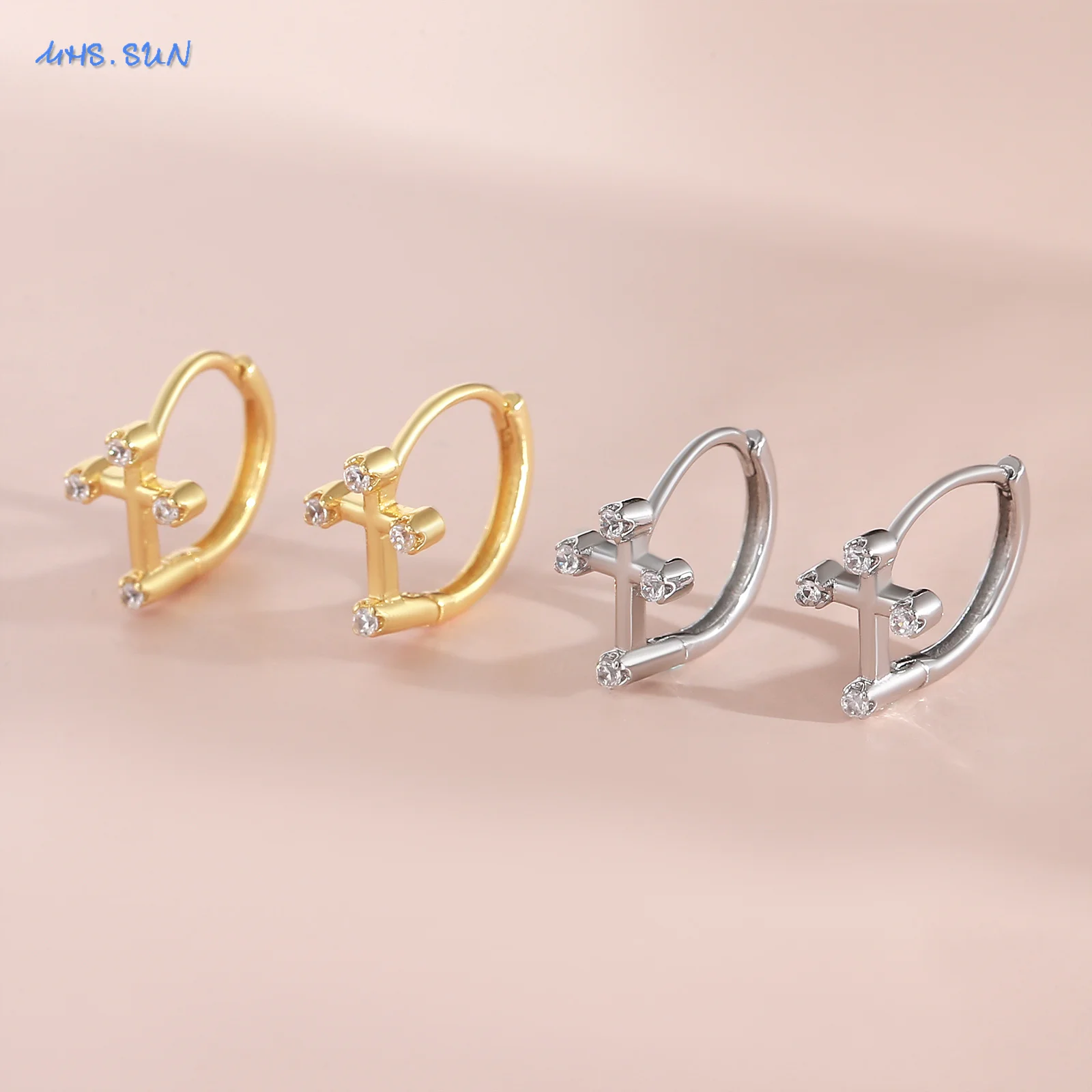 MHS.SUN Simple Zircon Cross Hoop Earrings For Women Gold Silver Color Small Circle Piercing Huggie Earrings Party Jewelry Gifts