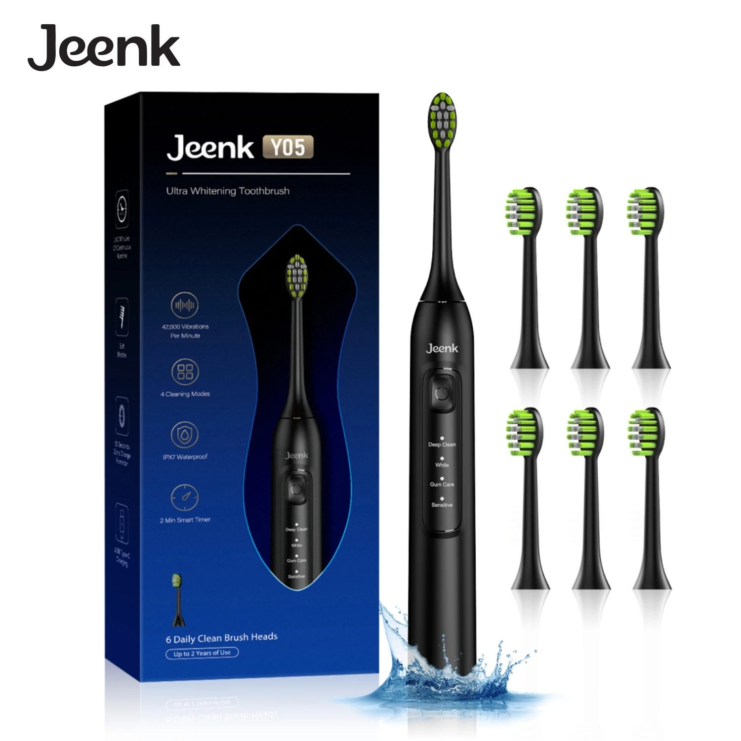 

Jeenk JK-Y05 Sonic Electric Toothbrush 4 Modes USB Charger with 6 Replacement Heads Smart Timer Waterproof Soft Bristles Adult