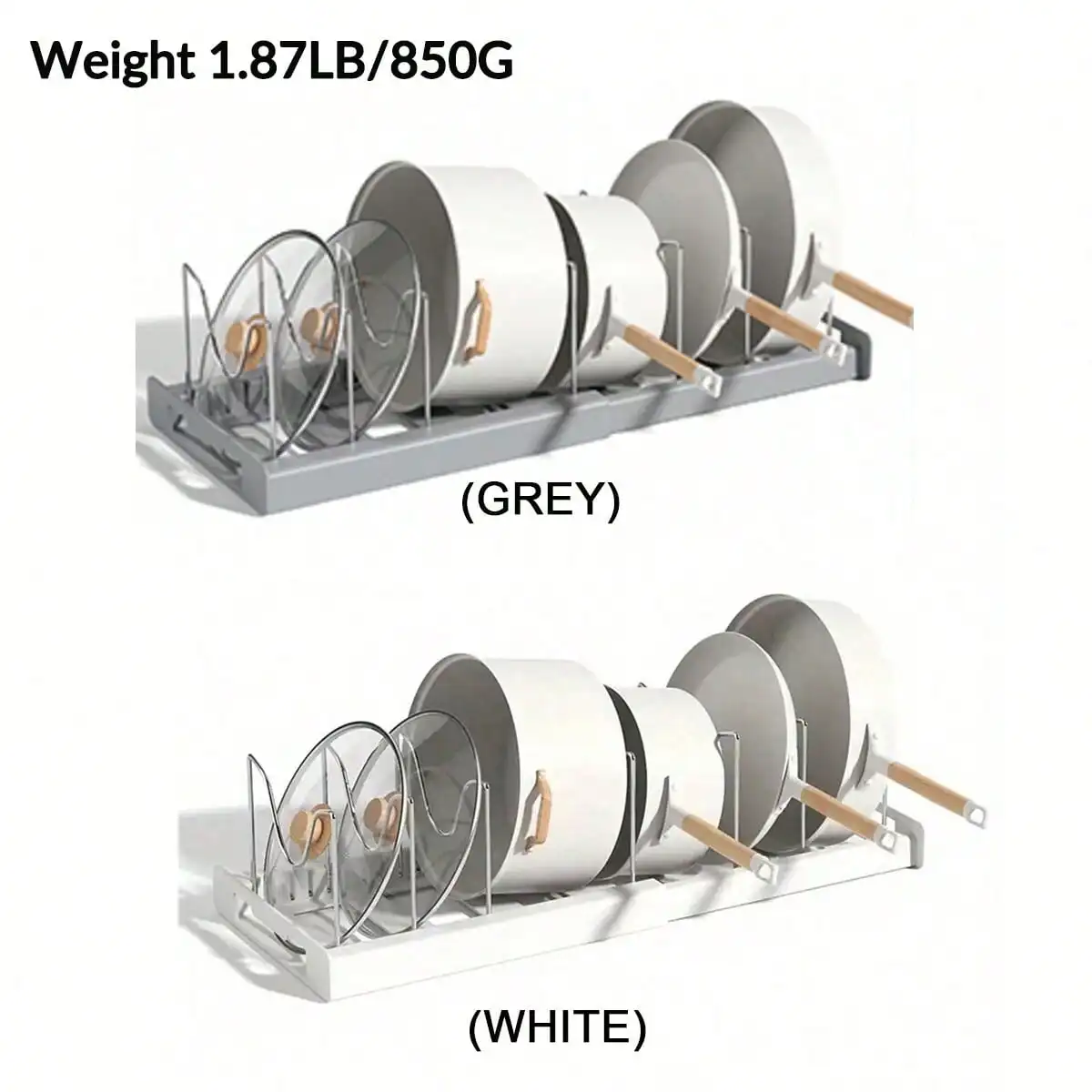 1pc Pot & Pan Organizer: Space - saving. Expandable, with lid holder, utensil rack, drainboard & drawer