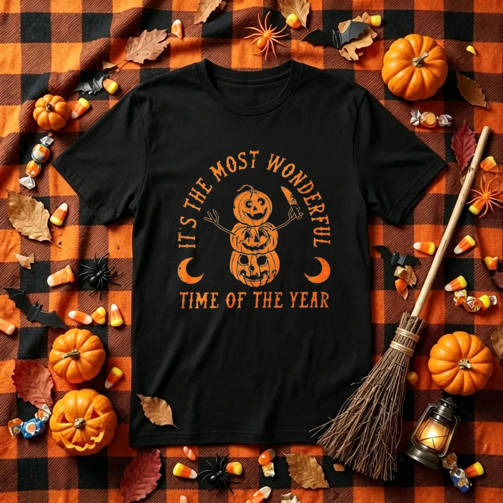 Halloween It's The Most Wonderful Time of The Year T‑Shirt Retro Stacked Pumpkin Moon Graphic Short Sleeve Crew Neck Tees Tops