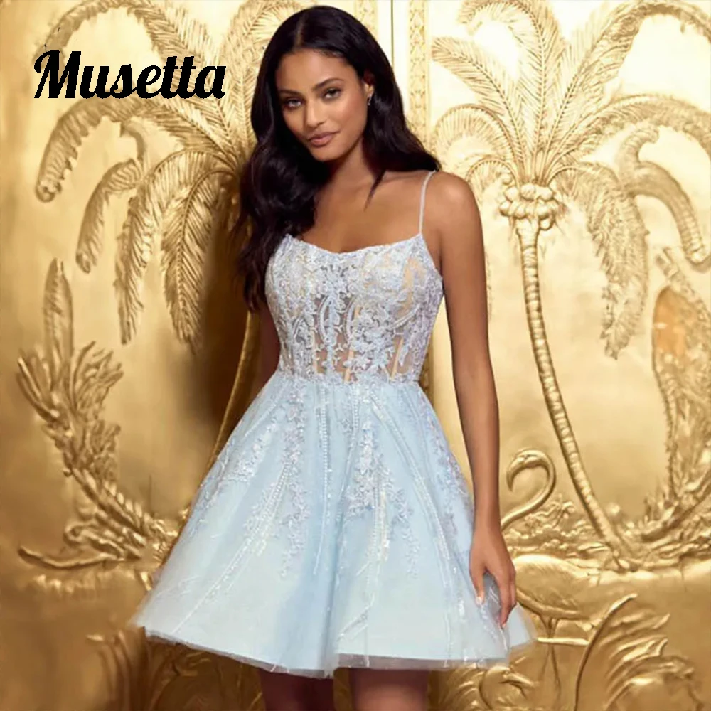 Musetta Sexy Illusion Spaghetti Strap Vestidos De Gala Short Lace Up Cocktail Dresses Floral A-Line Homecoming Dress Customized