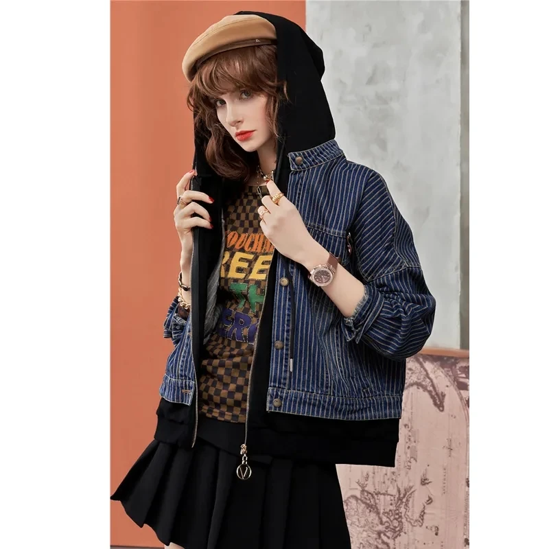 European Denim Jacket Women Early Autumn 2025 New Fake Two-piece Jacket Top Long Sleeved Denim Patchwork Hooded Baseball Clothes