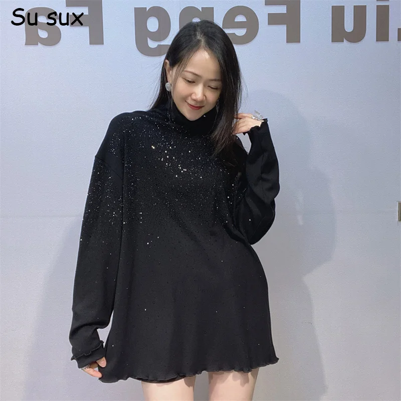 Sequins Turtleneck Pullover Long Sleeve Oversized T Shirt Woman 2026 Winter Casual Loose Black Tops Y2k Innerwear High Elastic