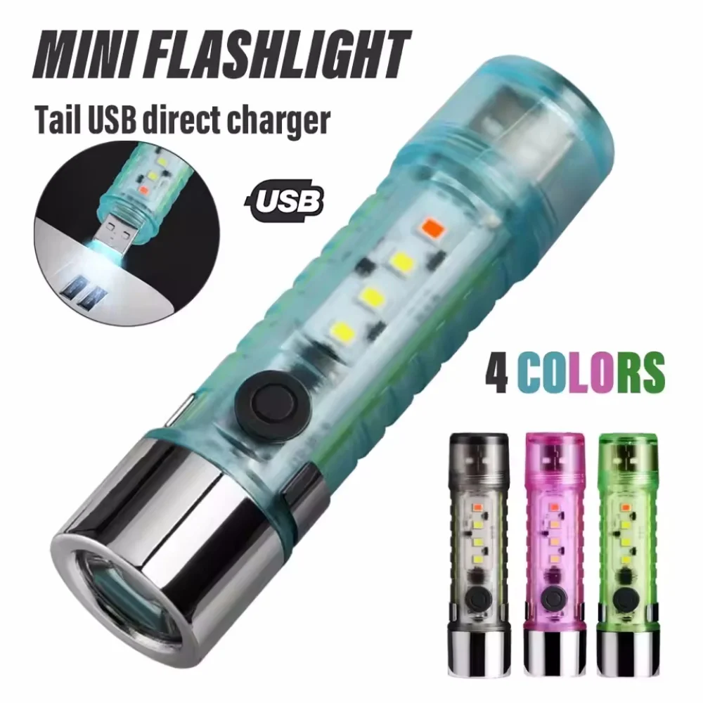 USB Rechargeable Flashlight Portable EDC Pocket Flash Light 6 Modes Outdoor Hiking Camping Mini Flashlight with Tail Magnet