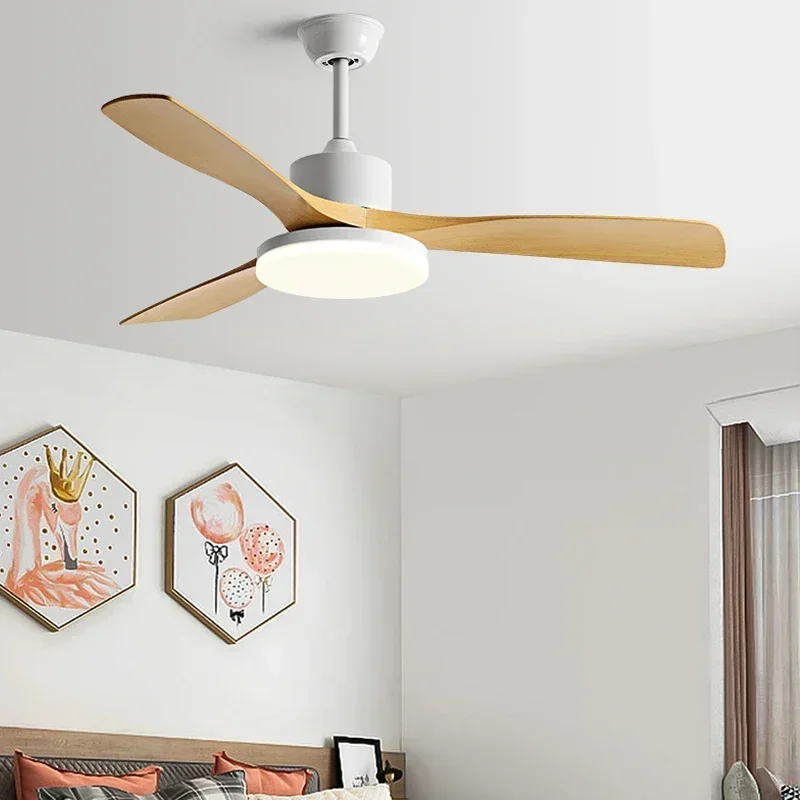 American restaurant fan light solid wood remote control variable frequency dimming Nordic living room ceiling fan with LED light