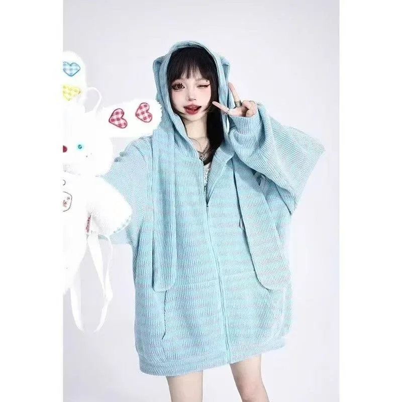 American Harajuku Trendy Brand Classic Loose Jacket for Women Y2k Personality Cartoon Rabbit Ear Hoodie Casual Loose Sweatshirt