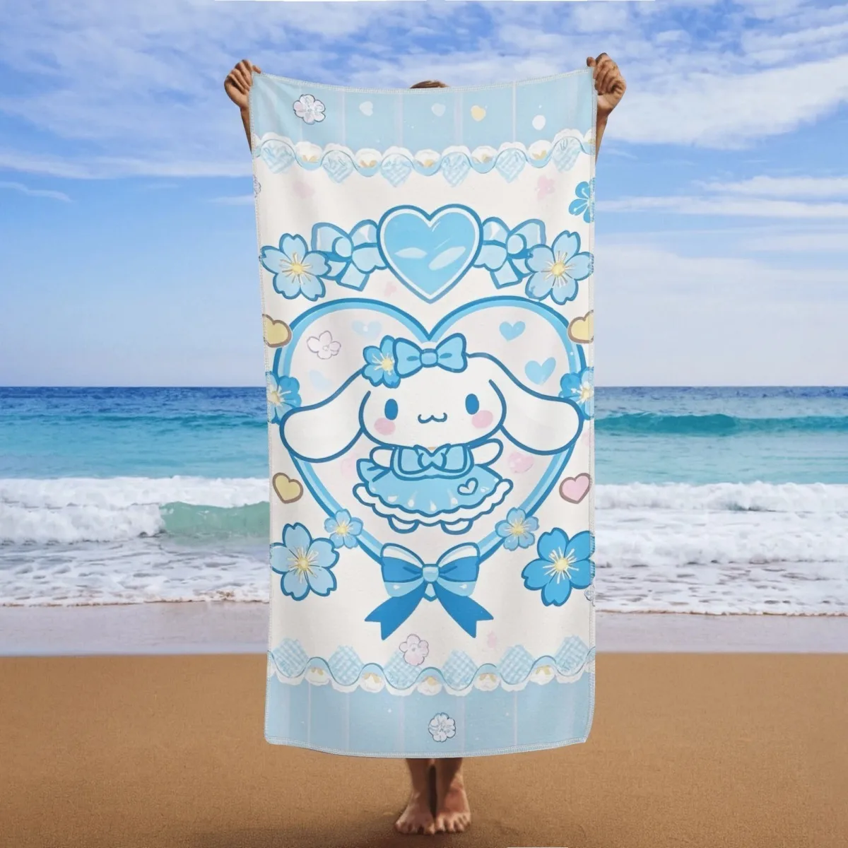 

Adorable Cinnamoroll Beach Towel: Whimsical Blue Floral Design for Sunny Days!, Towels, holiday party decorations, gifts