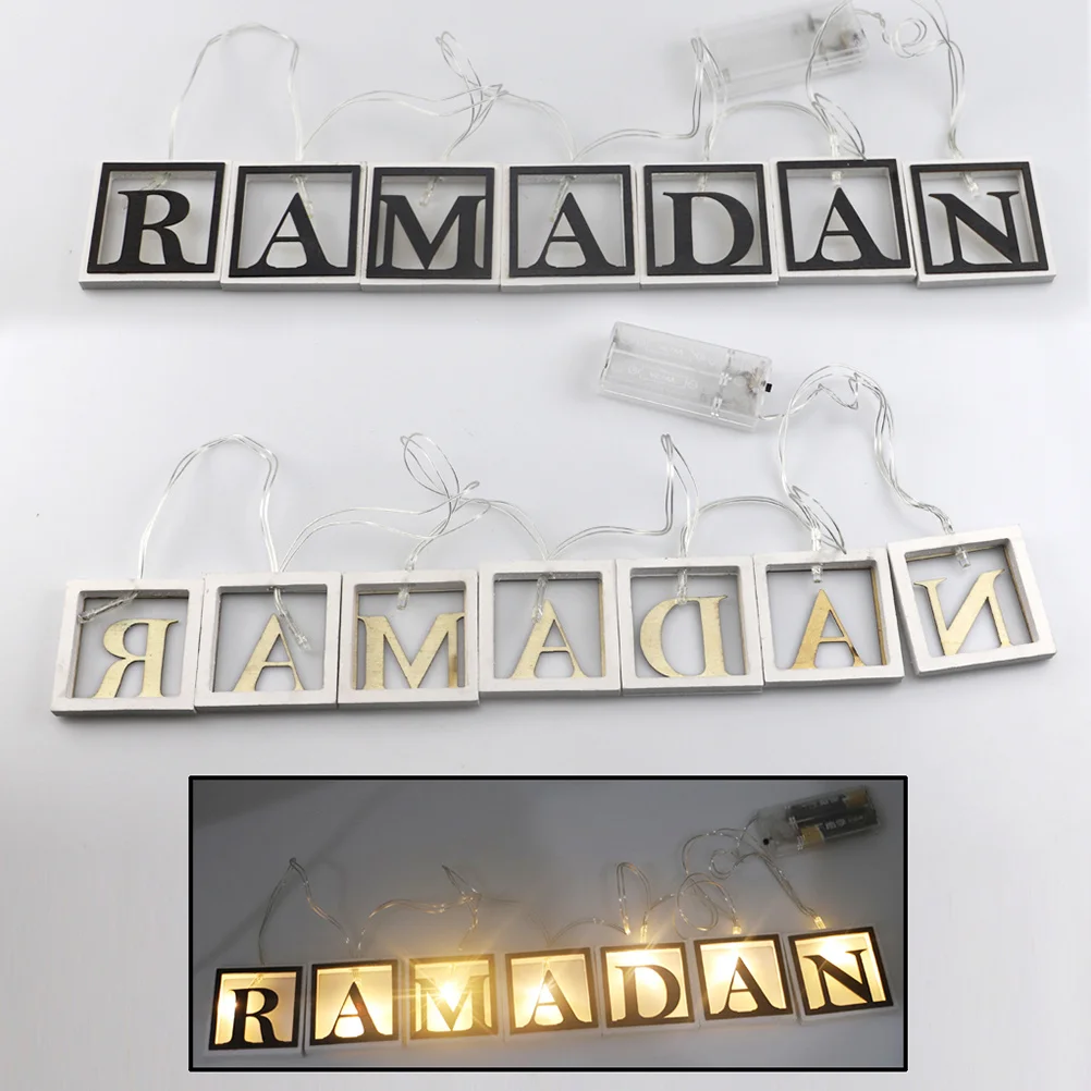 1Set LED Decorative String Lights Wooden Pendants Ramadan Eid Corban Islam Festival Decor Reusable Black White