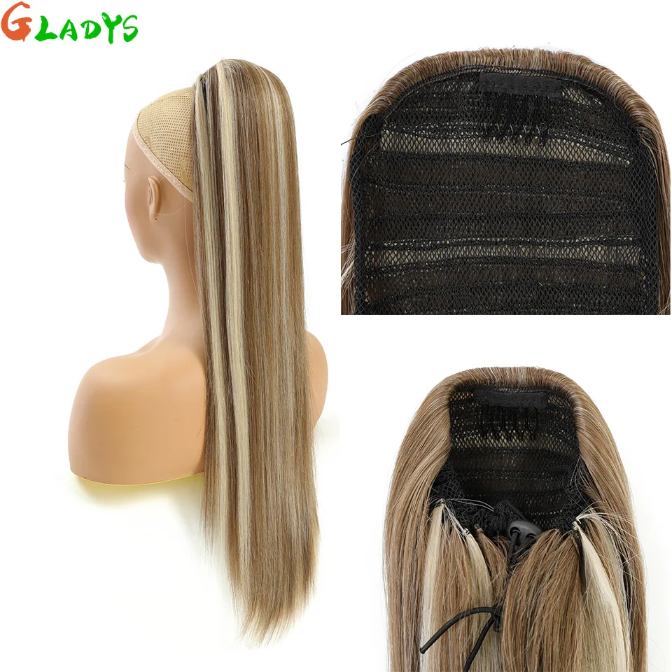 Extensões de Rabo de Cavalo Liso com Cordão, Loiro Ombré, Fibra de Alta Temperatura, 28 Polegadas, Cabelo Sintético para Mulheres
