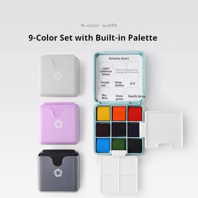 Montmartre Mini Small Square Box Travel Solid Watercolor Paint Set Take-Along Painting Art Tool Set 9-Gate Comes with Palette