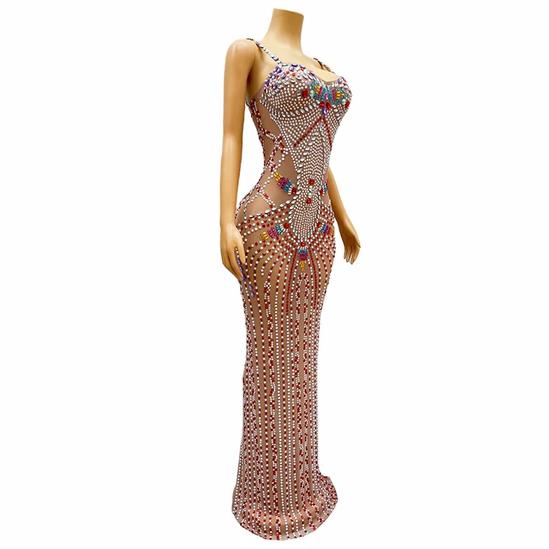 اللون مثير حجر الراين نمط العرقية نمط الحمالة مزاجه حفلة بلا أكمام فستان سهرة طويل فستان رسمي المرأة أنيقة