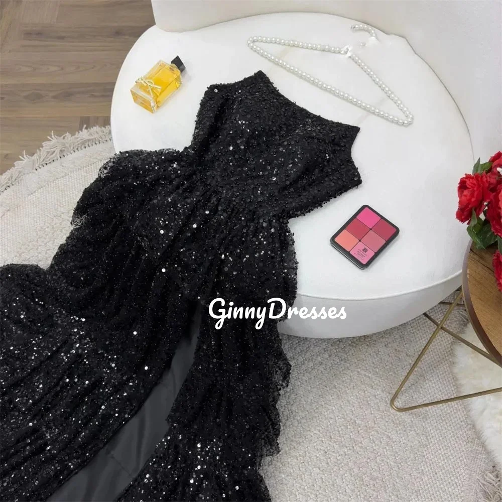 

Customized Evening Dress A-Line Strapless Prom Dresses Floor-Length Zipper Up Sequins Sleeveless Lining Party Dresses Vestidos