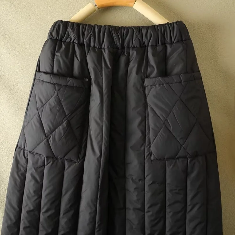 High Waist Midi Length Skirt Winter Thickened a-Line Outerwear Skirt Quilted Diamond Pocket Detail Cotton Long Skirt