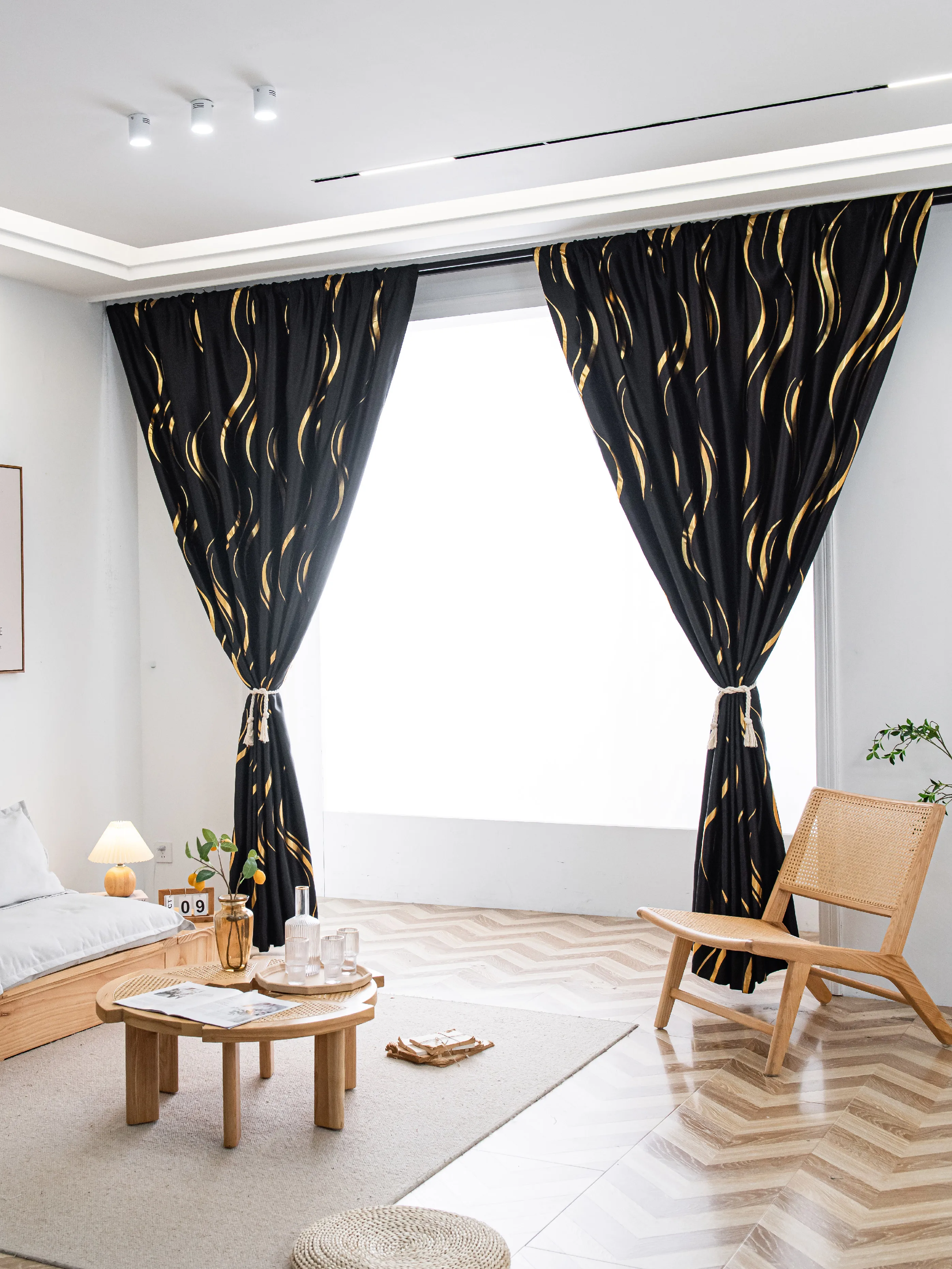 80% Blackout Curtains With Hot Stamping Golden Curtain Wave Pattern for Living Room and Bedroom