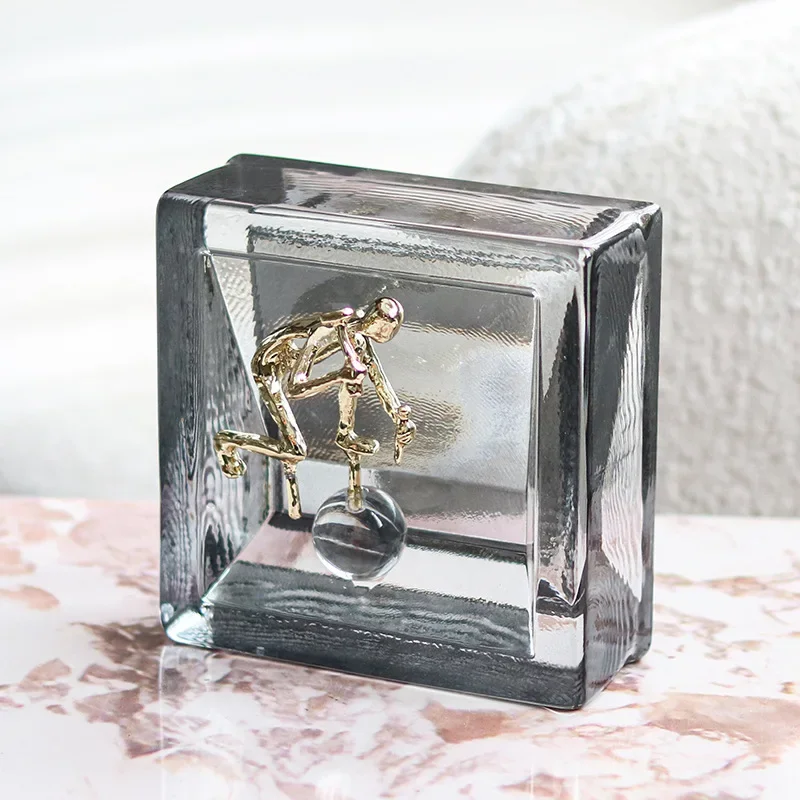 Glass Craft Clear Crystal Cube Metal Figures Golden Man Geometric Glass Decorative Figurines Home Decoration Accessories