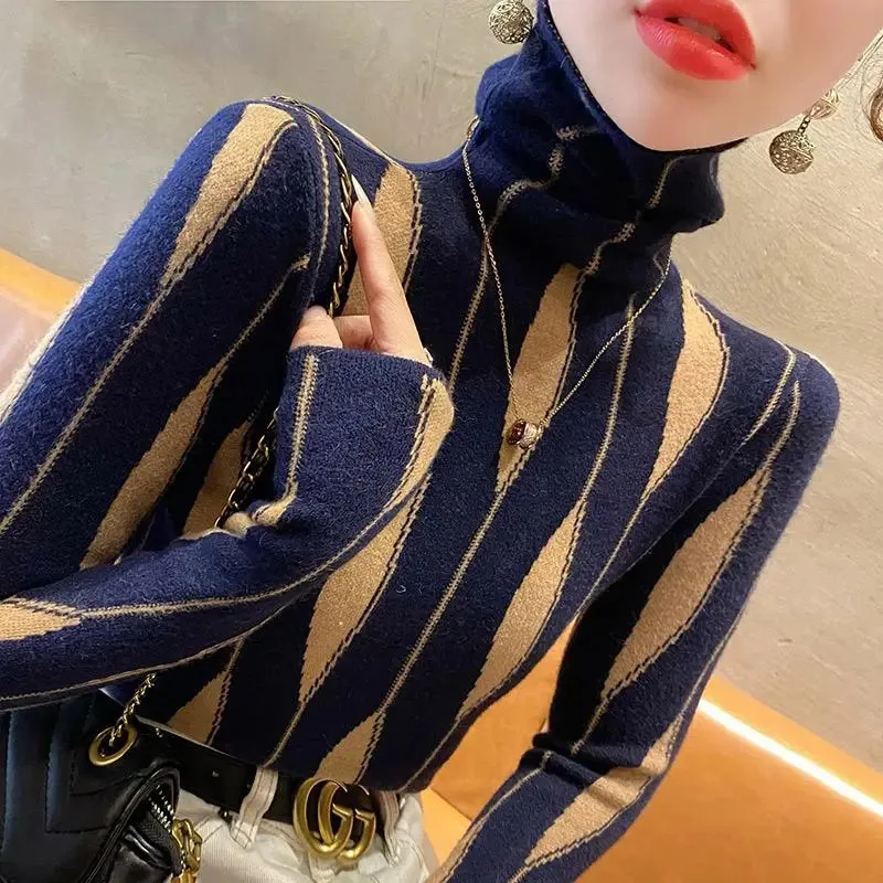 Women Clothes Slim Striped Knitted Sweater Spring Long Sleeve Fashion Sexy Turtleneck Jumper Top Commuting Casual Pullover