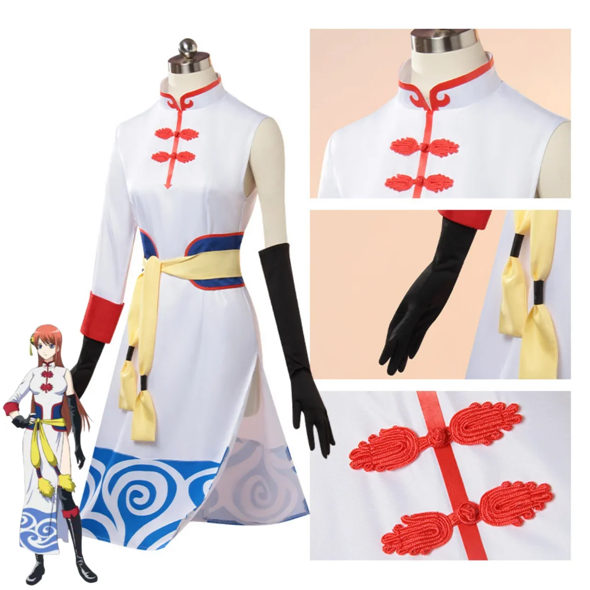 Anime GINTAMA Kagura Cosplay Costume Leader Chinese Style White Cheongsam Dress Wig Headwear Woman Sexy Carnival Christmas Suit