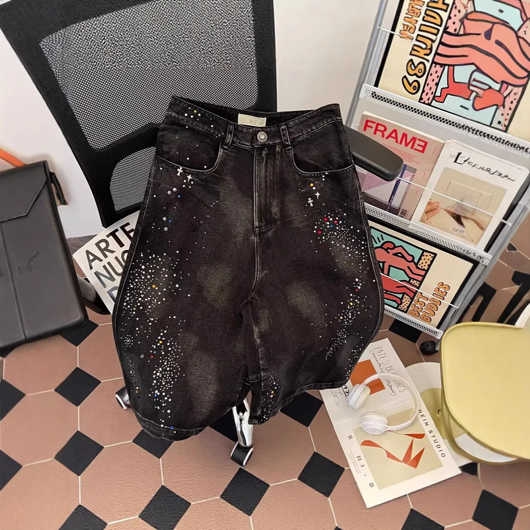 

Men's Streetwear Denim Shorts Black Washed Rhinestone Embellished Baggy Fit Knee-Length Jorts 2026