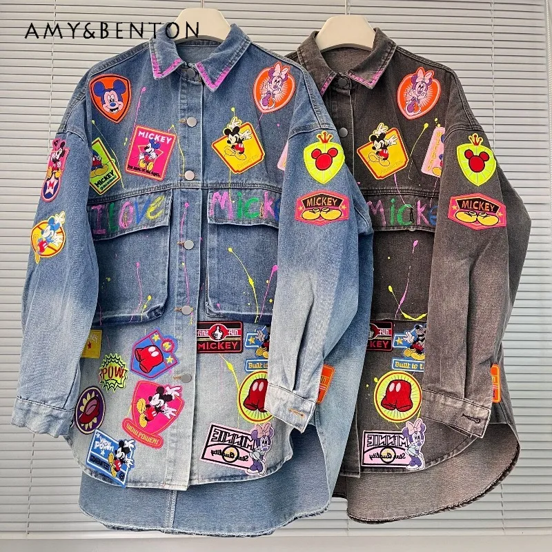 

European Style Autumn Graffiti Cartoon Label Loose Denim Jacket Fashion Irregular Shirt Top 2025 New Single-breasted Blouse Coat