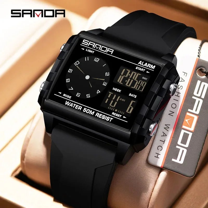 SANDA Fashion Electronic Watches for Man 5Bar Waterproof Sports Clock Outdoor Casual LED Luminous Digital Chronograph Watch