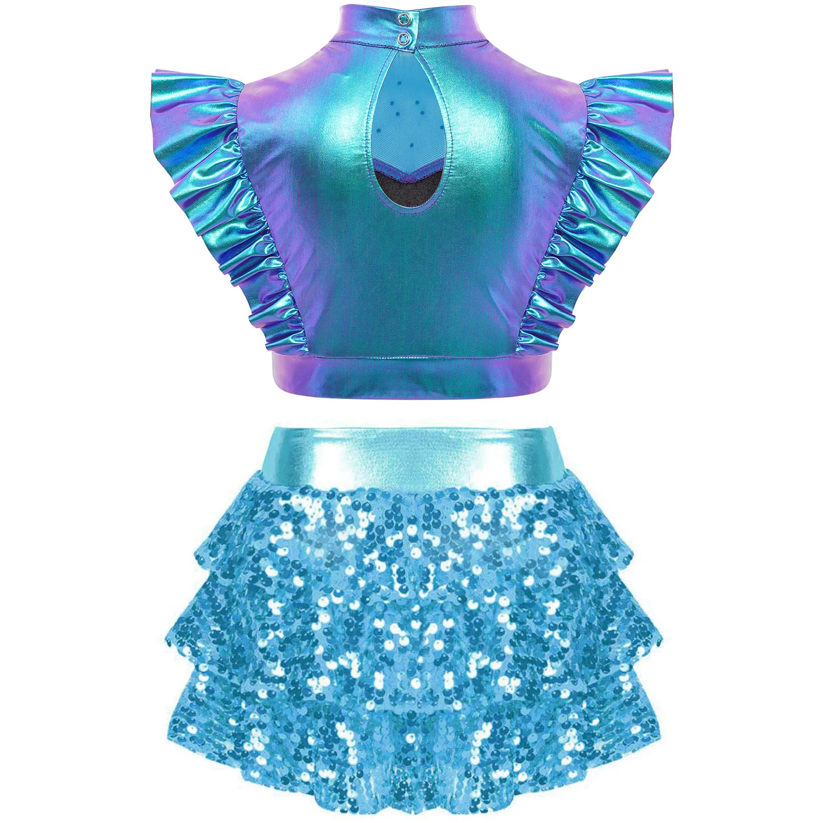 Tenue de danse de rue latine Jazz pour filles, haut court en maille à volants métalliques avec paillettes brillantes, jupe-culotte à volants à plusieurs niveaux