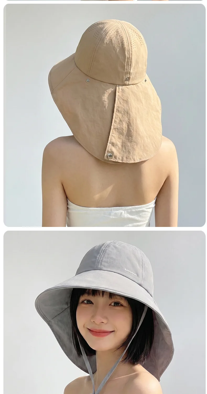 HOT Damen-Sonnenhut, schnelltrocknend, UV-Schutz, Fischerhut, breite Krempe, Bucket Hat mit Nackenschutz, Wanderhut, Sonnenschutzkappe – Detail 11