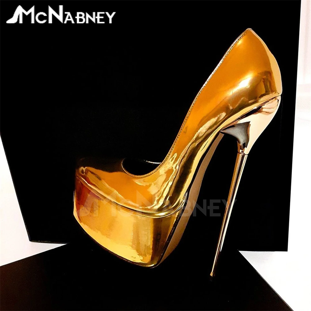 Platform Extremely High Heels Shiny Leather Golden Stiletto Heels Pumps Multi-Color Sexy Large Size Pole Dance Shoes for Women