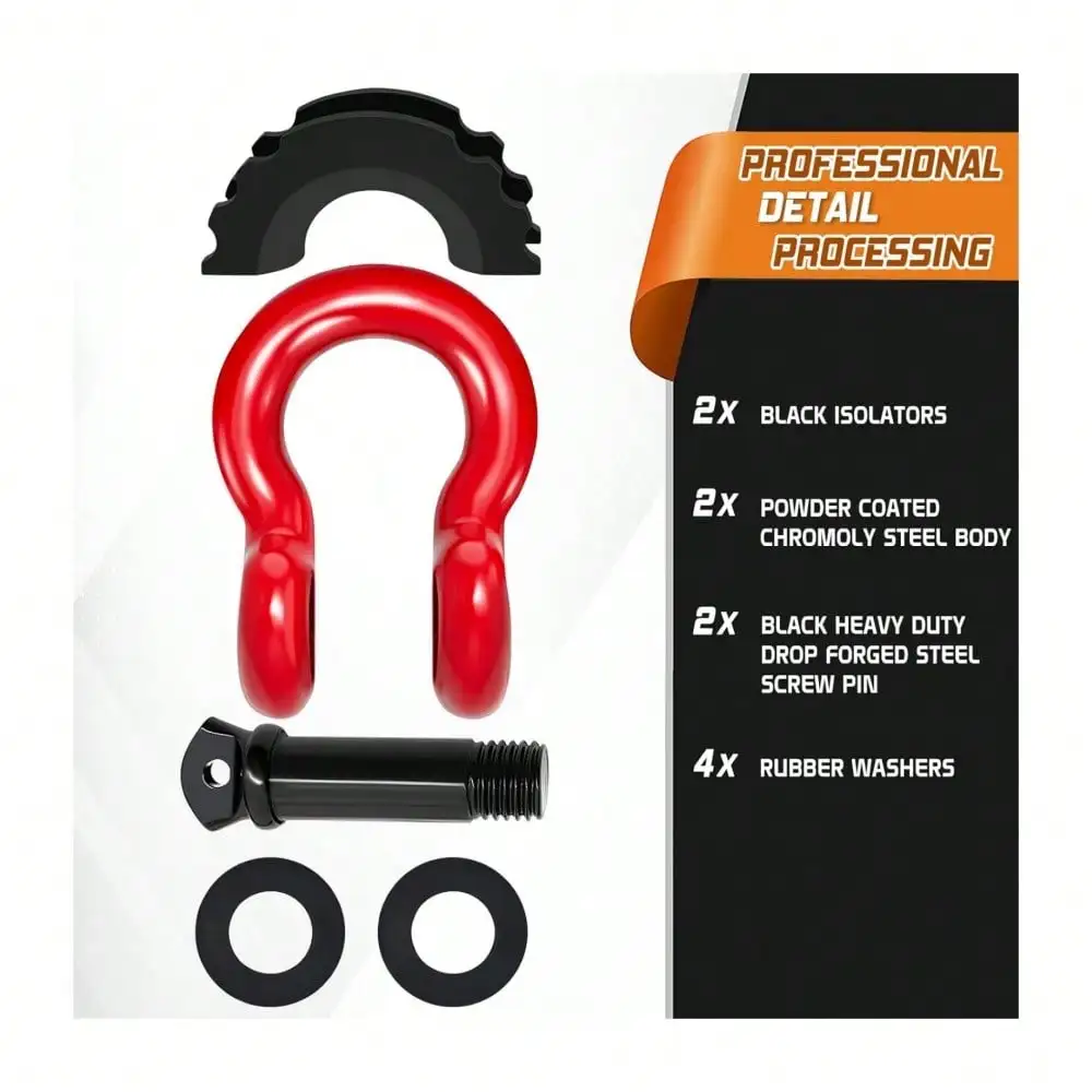 2PC D Ring Shackle, 42,000lb Break Strength, D Ring Shackles 3/4 Inch With Black Isolator Washer And 7/8