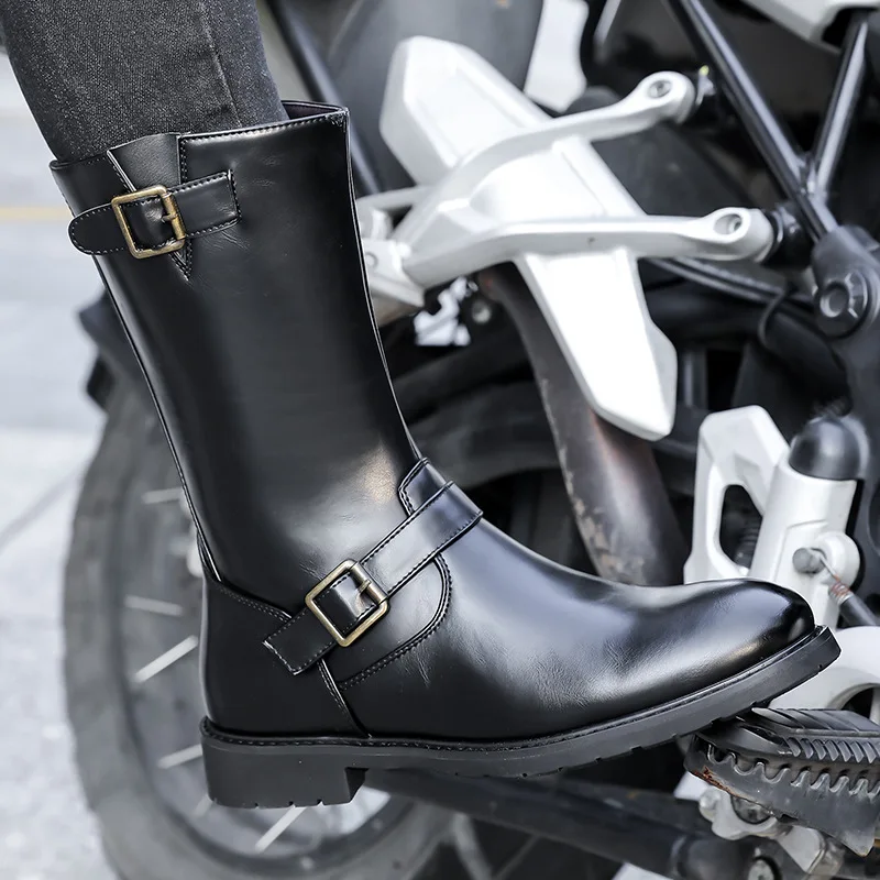 New Men's Motorcycle Boots High Top PU Leather Side Zipper Biker Boots Extra Big Size Buckle Decor Rugged Outdoor Footwear
