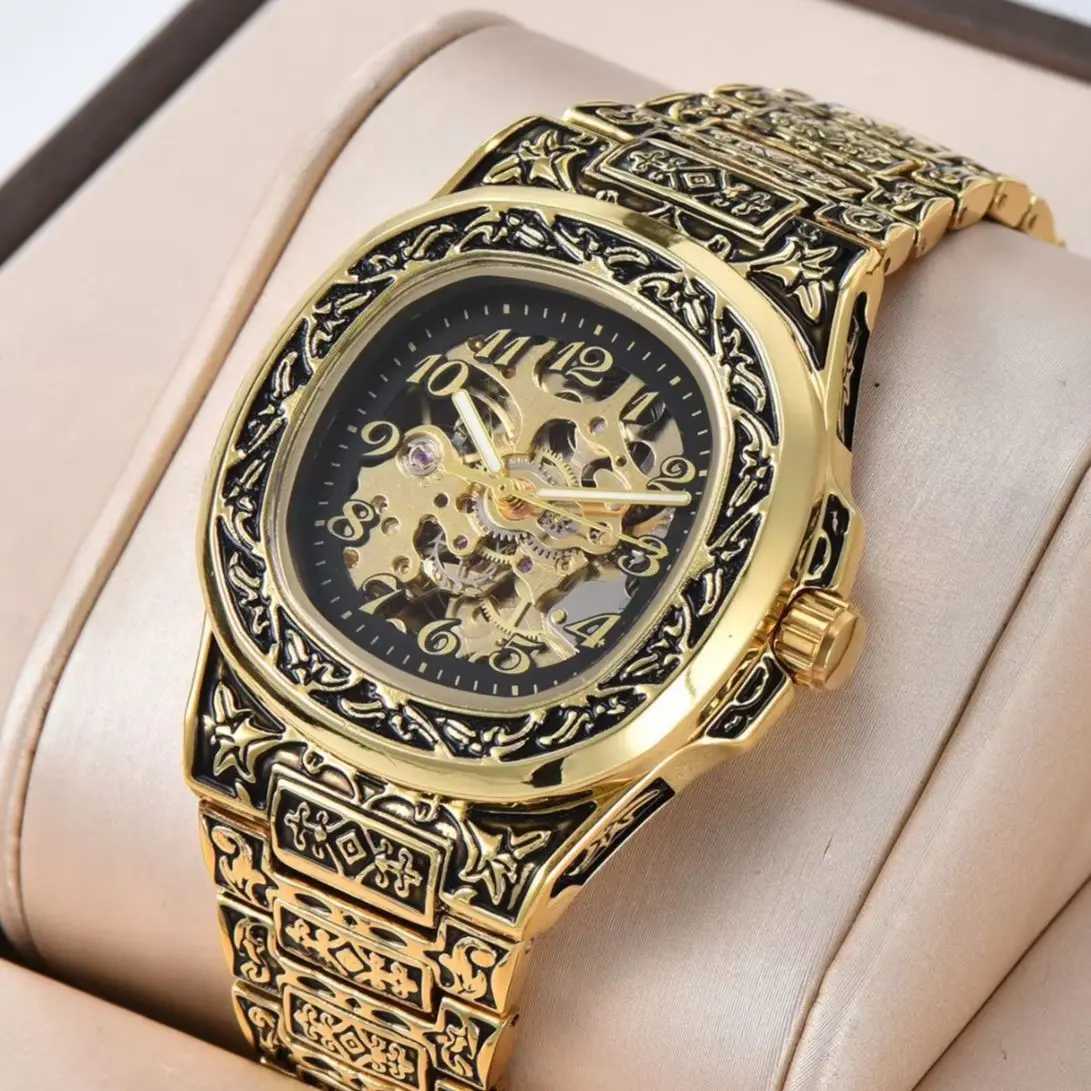 【Trendy Engraved Design】Men's Automatic Mechanical Watch, Vintage Embossed Strap, Skeleton Movement, Waterproof Luminous Hands, Street Style Fashion Wristwatch, Business Casual Versatile Men's Watch, Popular Luxury Mechanical Watch