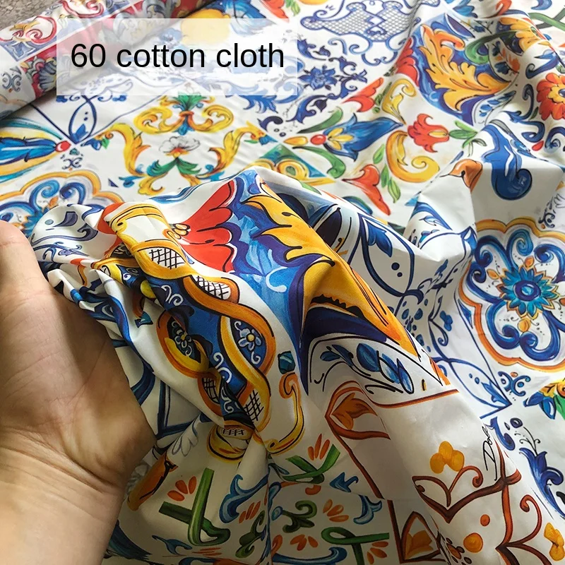 Poliester Stretch satynowa tkanina szyfonowa sycylijska niebiesko-biała porcelana element wzór drukowanie haute couture bawełna i poliester