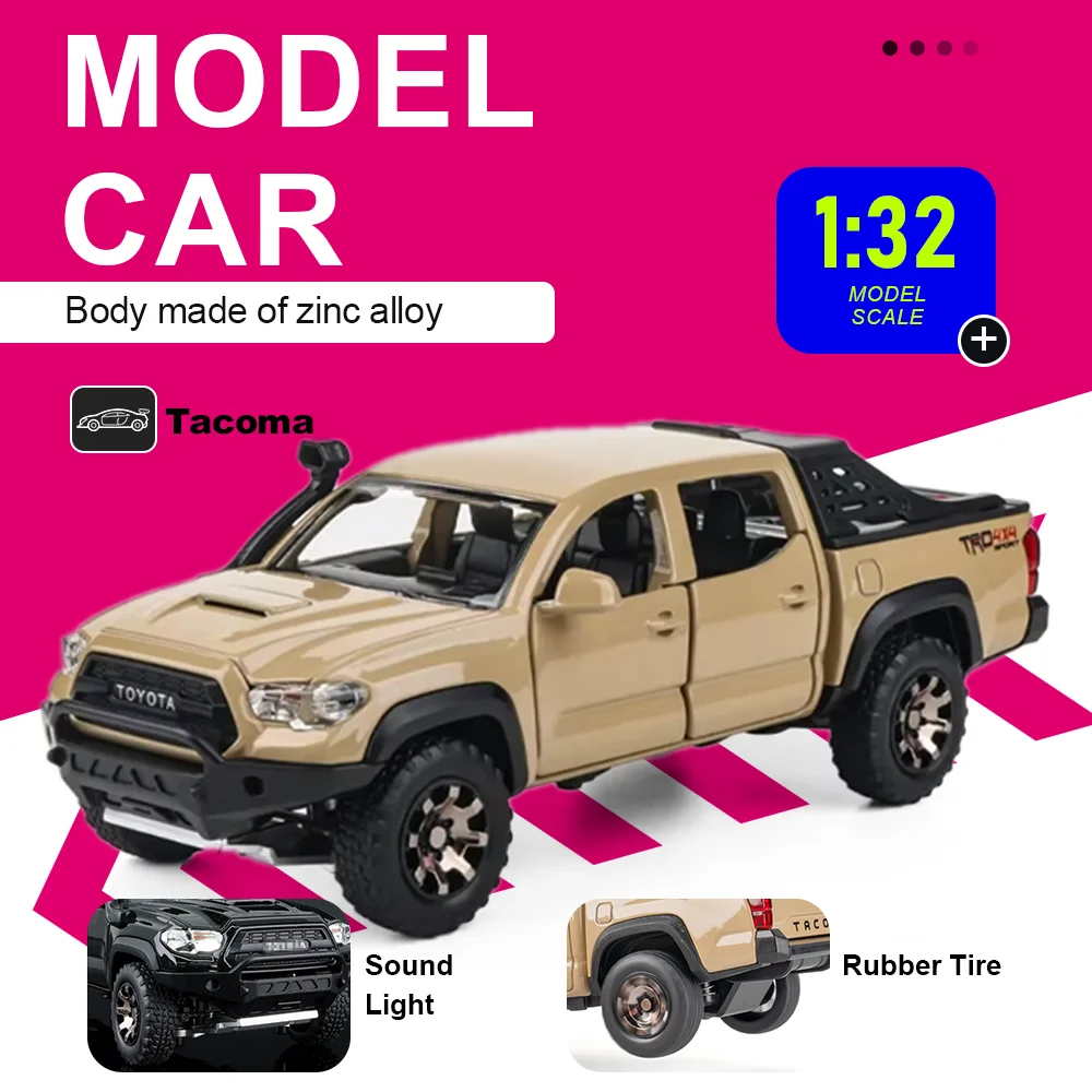 

1:32 Alloy Tacoma Hilux Off-road Model Miniature Diecast Car Toy Pull Back Doors Opened Sound Light Vehice Surprise Gift for Boy