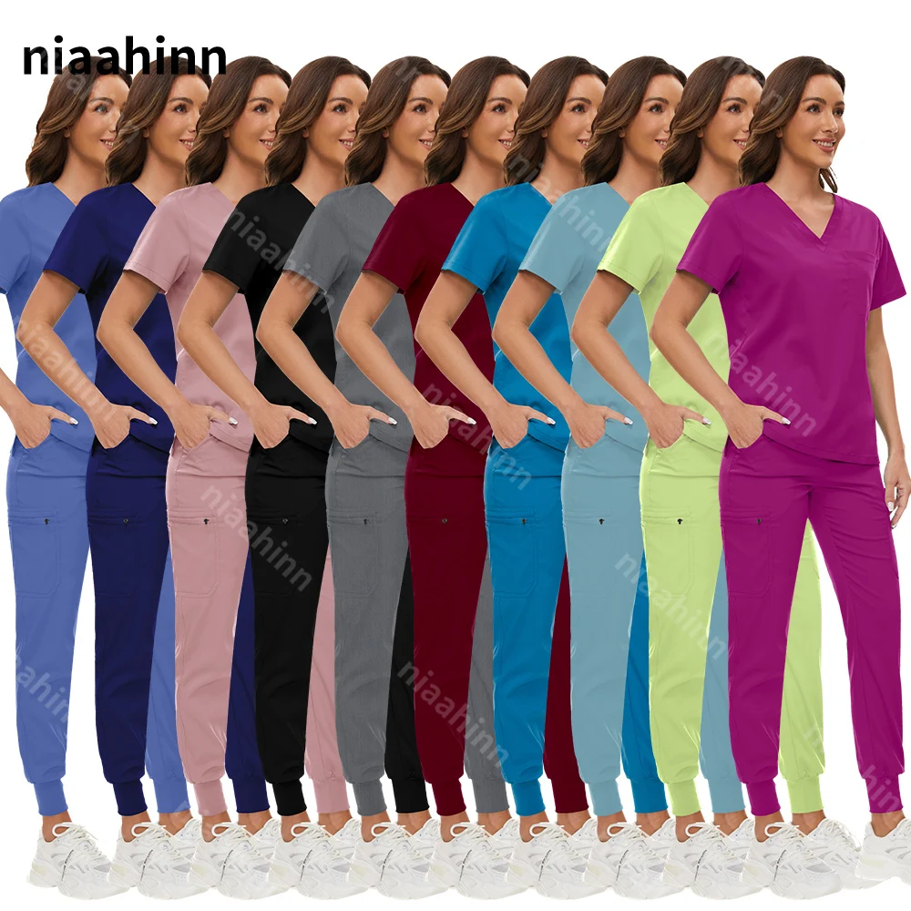 Multicolor Scrubs Uniform Short Sleeve Tops+jogger Pants Nursing Uniform Women Pet Doctor Medical Surgery Workwear Surgical Sets