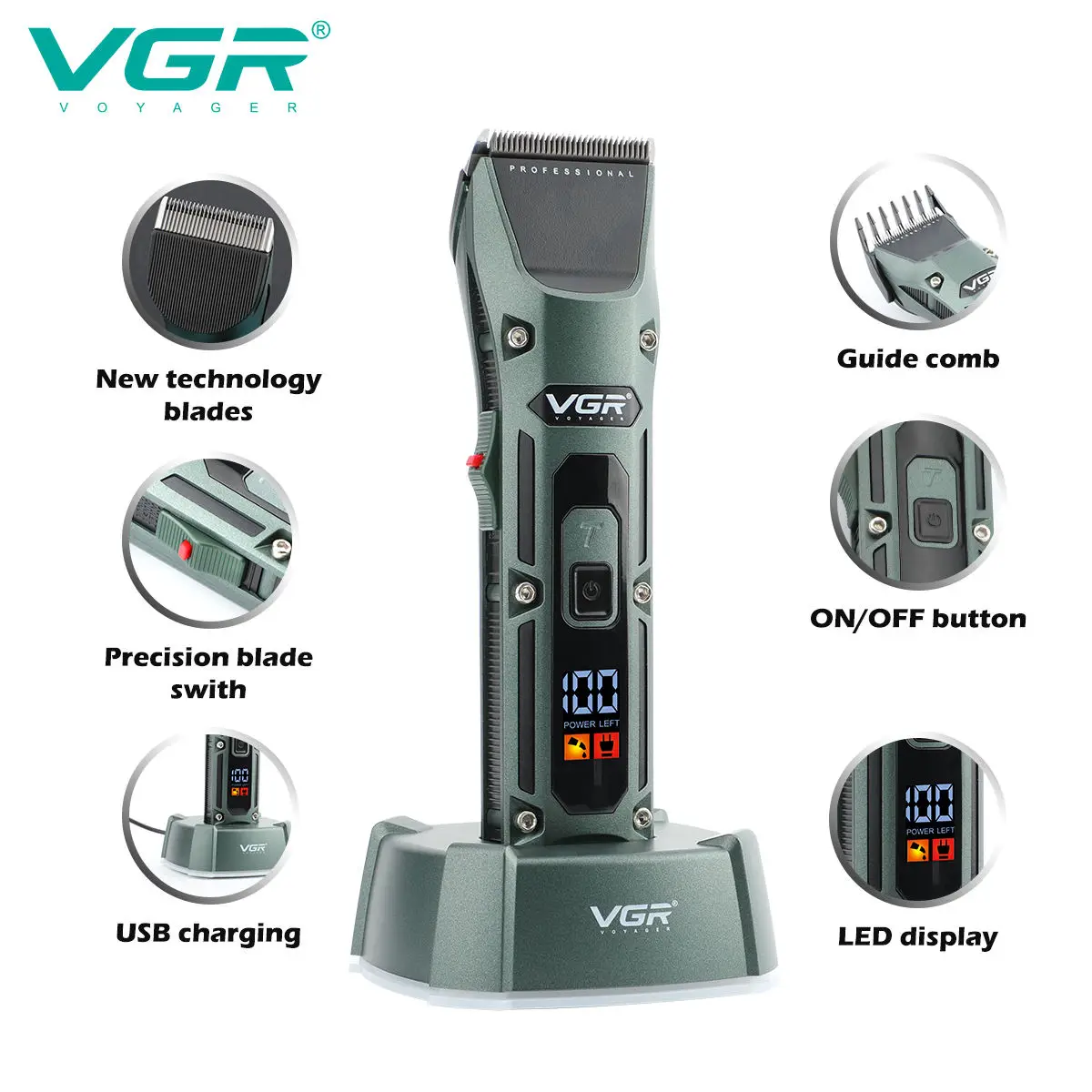 VGR Hair Clipper Professional Hair Trimmer Cordless Barber Hair Cutting Machine Digital Display Haircut Trimmer for Men V-696