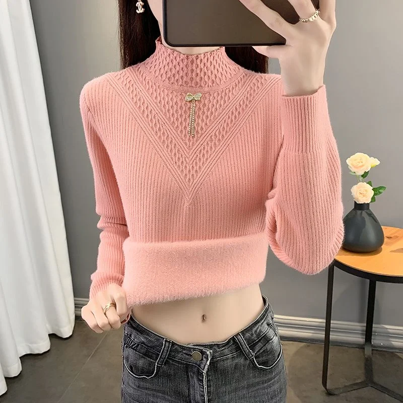 Winter New Women Turtleneck Plush Lined Sweater Casual Korean Slim Pullover Plus Velvet Knitwear Jumper Thicken Warm Knit Tops