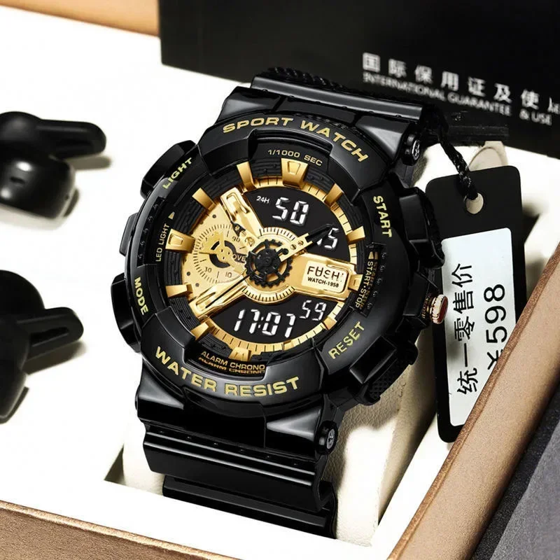 Multifunctional fashionable sporty casual and fall resistant night glow versatile dual display electronic watch