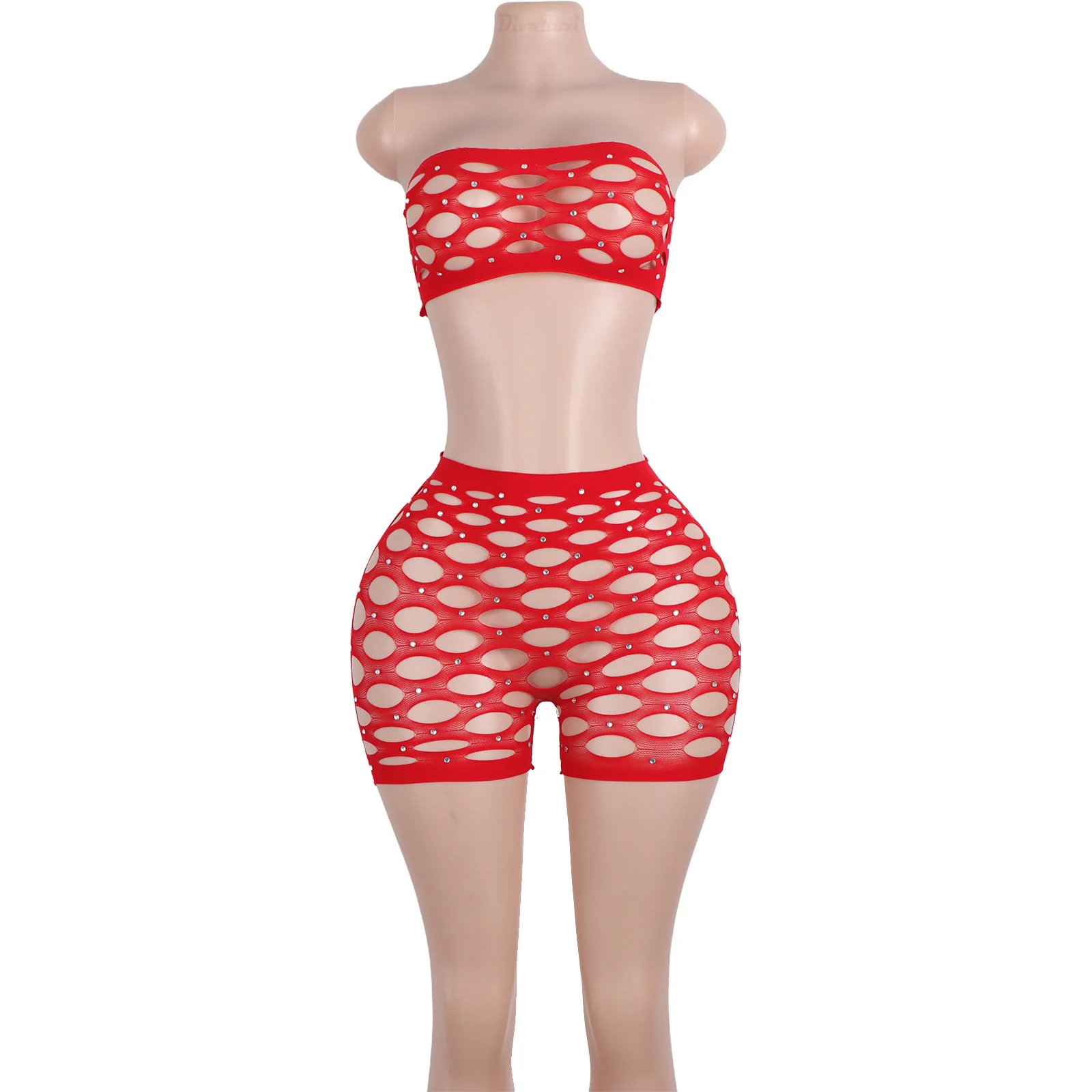 

Designer Exotic Dancewear Sexy Lace Crystal Diamond Shorts Set Openwork Striper Performance Dance Outfit Lingerie for Dancer