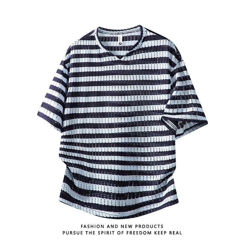 Men's HollowKnit Striped T-Shirt Henry Notched V-Neck Single Button Loose Fit Short Sleeves Breathable Casual