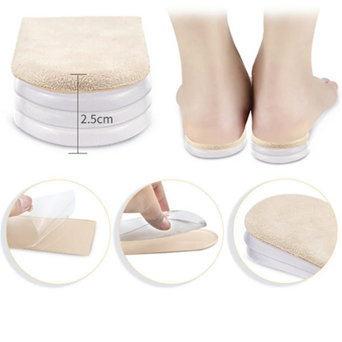 نعال داخلية لزيادة الارتفاع قابلة للتعديل من ABQR، حشوات كعب جل مكونة من 3 طبقات لتناول طول الساق، والتهاب وتر العرقوب