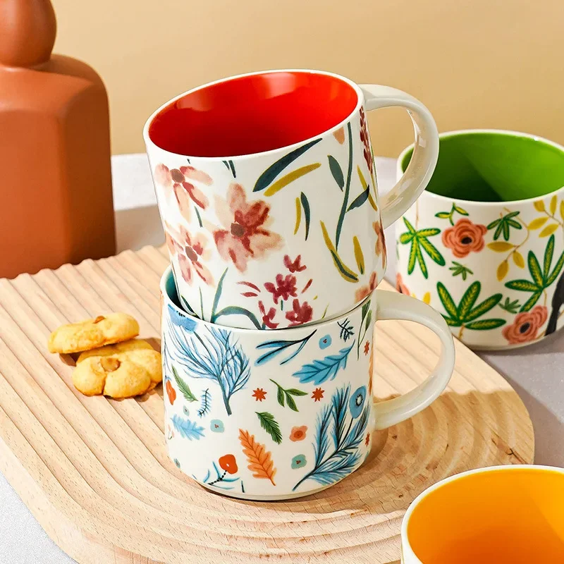 LMHBJY High Color Flower Colored Glaze Ceramic Cup Mug Office Coffee Cup Household Large Capacity Breakfast Cup