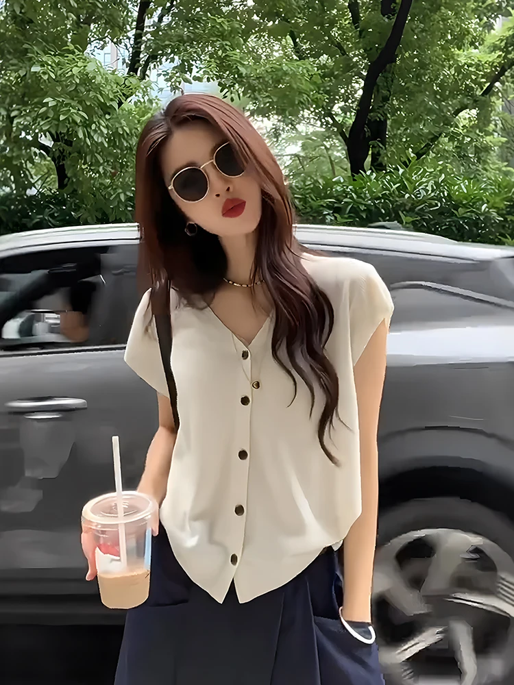 

Women's Korean Style Summer Apricot V-neck Flutter Sleeve Ice Silk Sheer Petite Short Knitted Cardigan T-shirt
